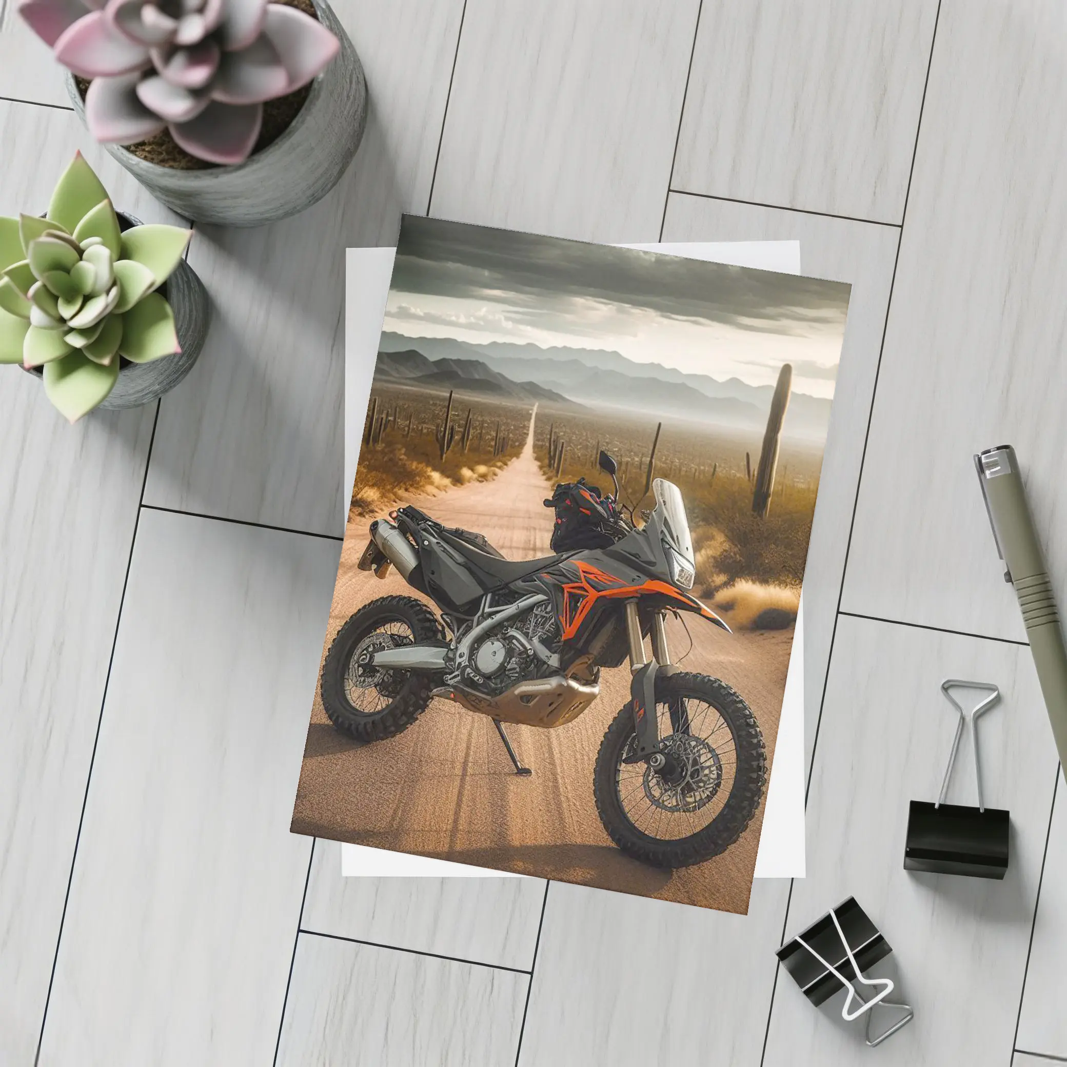 Adventure Motorcycle Parked on Desert Road – Postcards