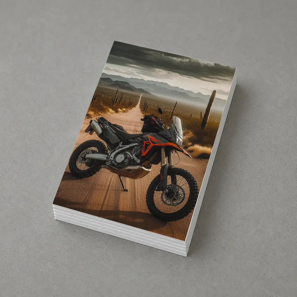 Adventure Motorcycle Parked on Desert Road – Postcards