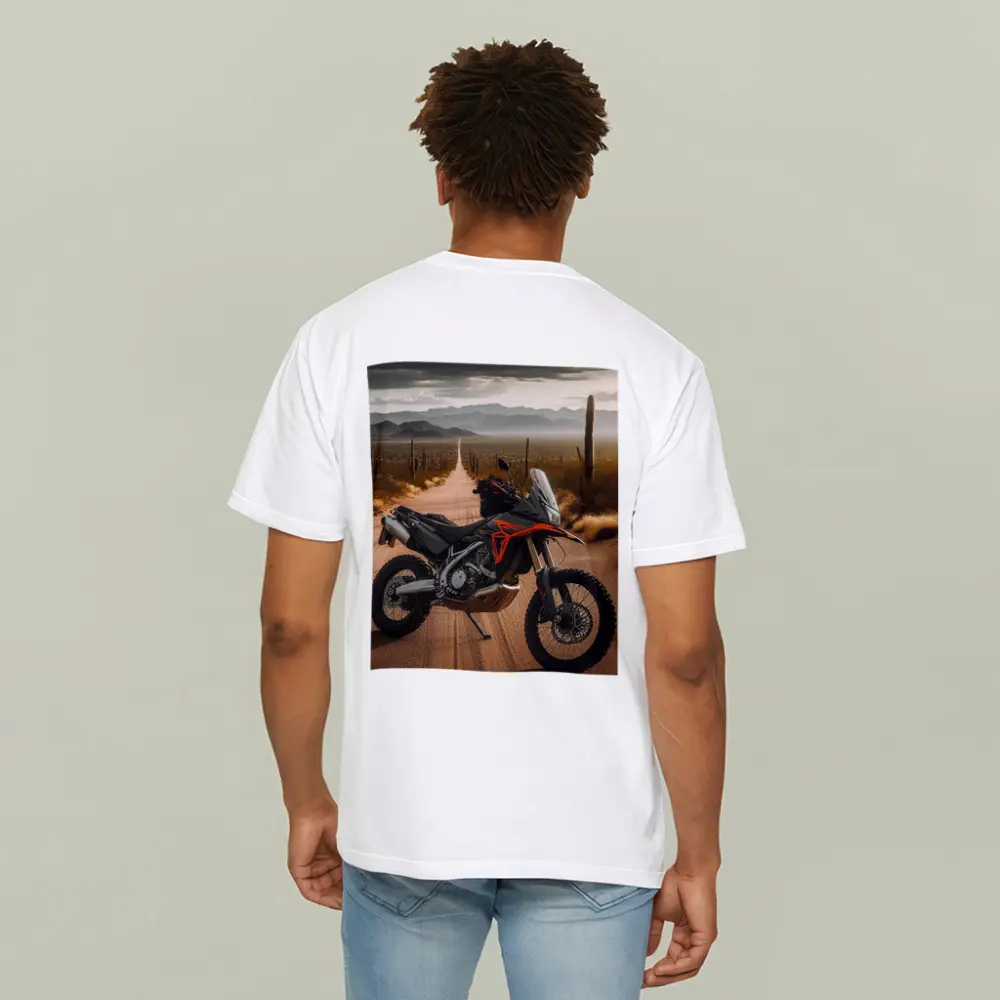 Adventure Motorcycle Parked on Desert Road – T-Shirts