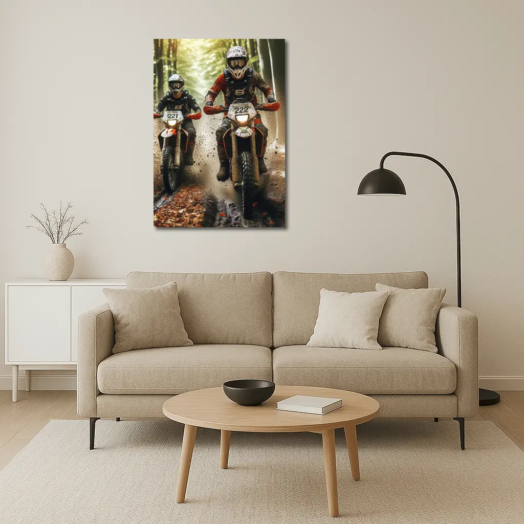 Motocross Riders Racing Through Muddy Forest – Wall Art
