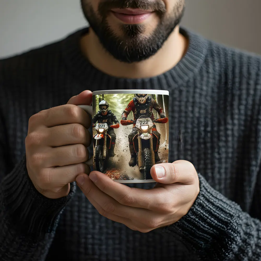 Motocross Riders Racing Through Muddy Forest – Mugs