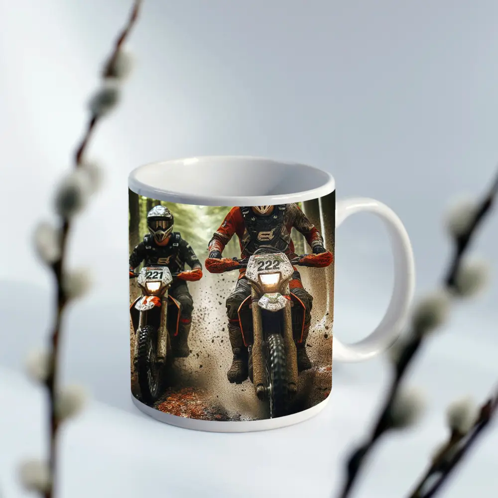 Motocross Riders Racing Through Muddy Forest – Mugs