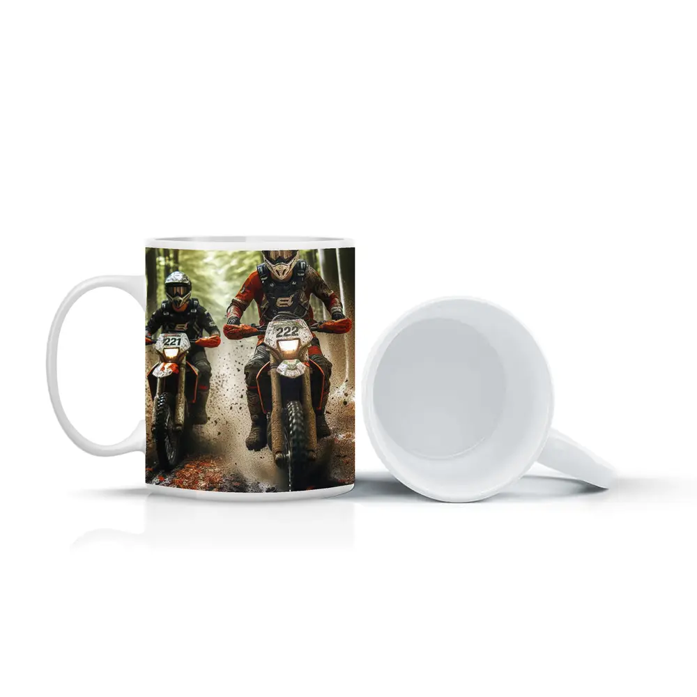 Motocross Riders Racing Through Muddy Forest – Mugs