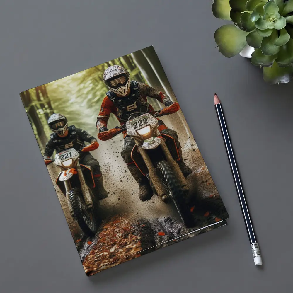 Motocross Riders Racing Through Muddy Forest – Notebooks