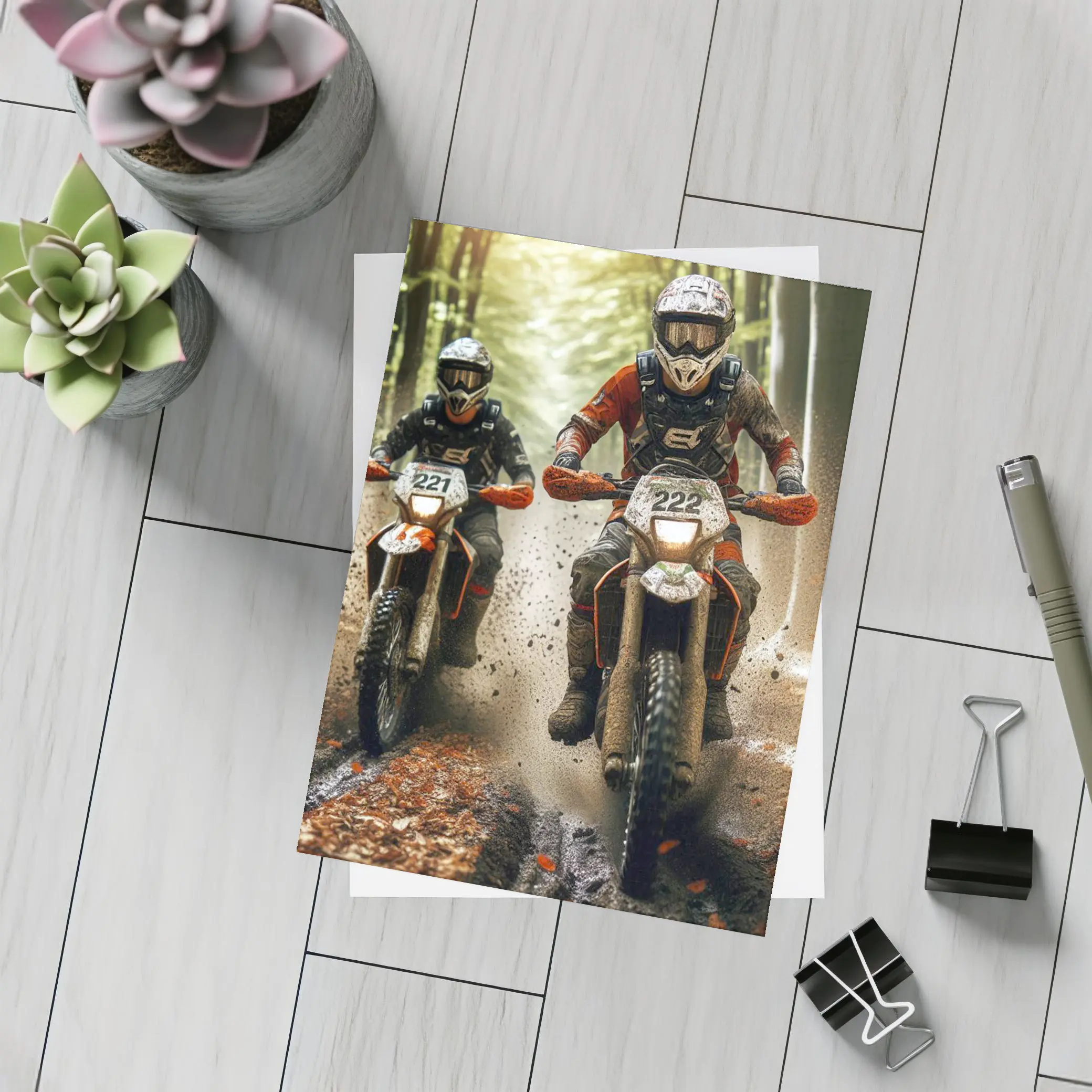 Motocross Riders Racing Through Muddy Forest – Postcards