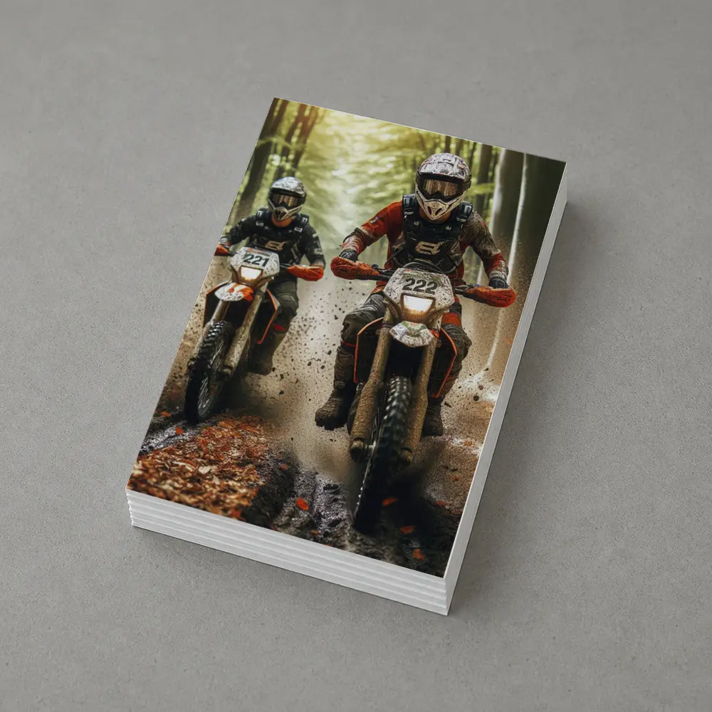 Motocross Riders Racing Through Muddy Forest – Postcards