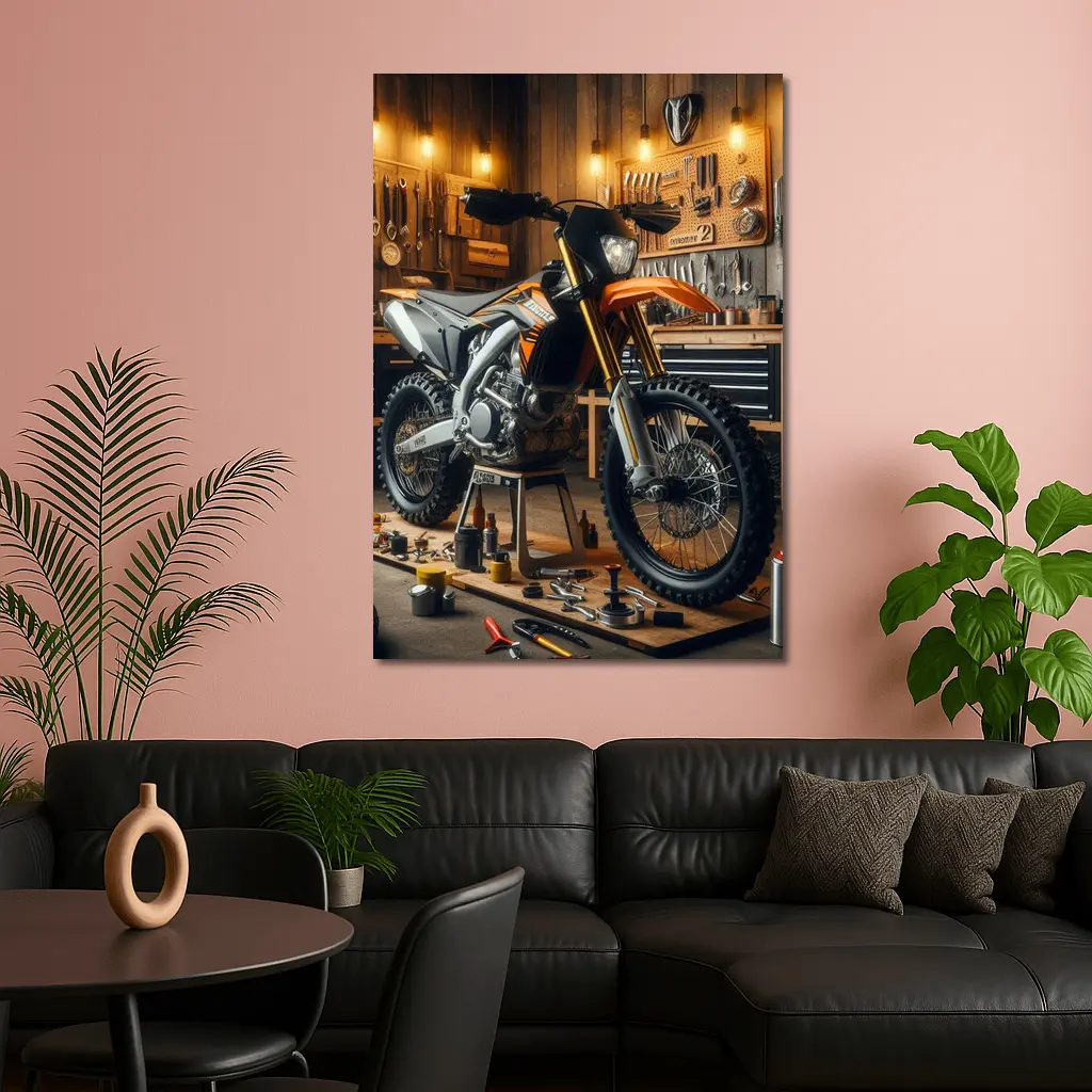 KTM Dirt Bike Orange Workshop Garage Scene – Wall Art