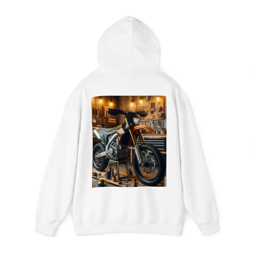 KTM Dirt Bike Orange Workshop Garage Scene – Hoodies