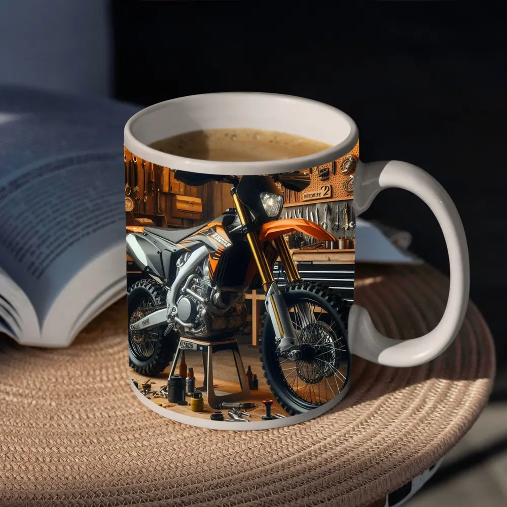 KTM Dirt Bike Orange Workshop Garage Scene – Mugs
