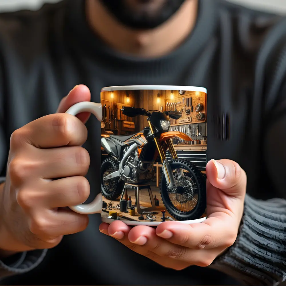 KTM Dirt Bike Orange Workshop Garage Scene – Mugs