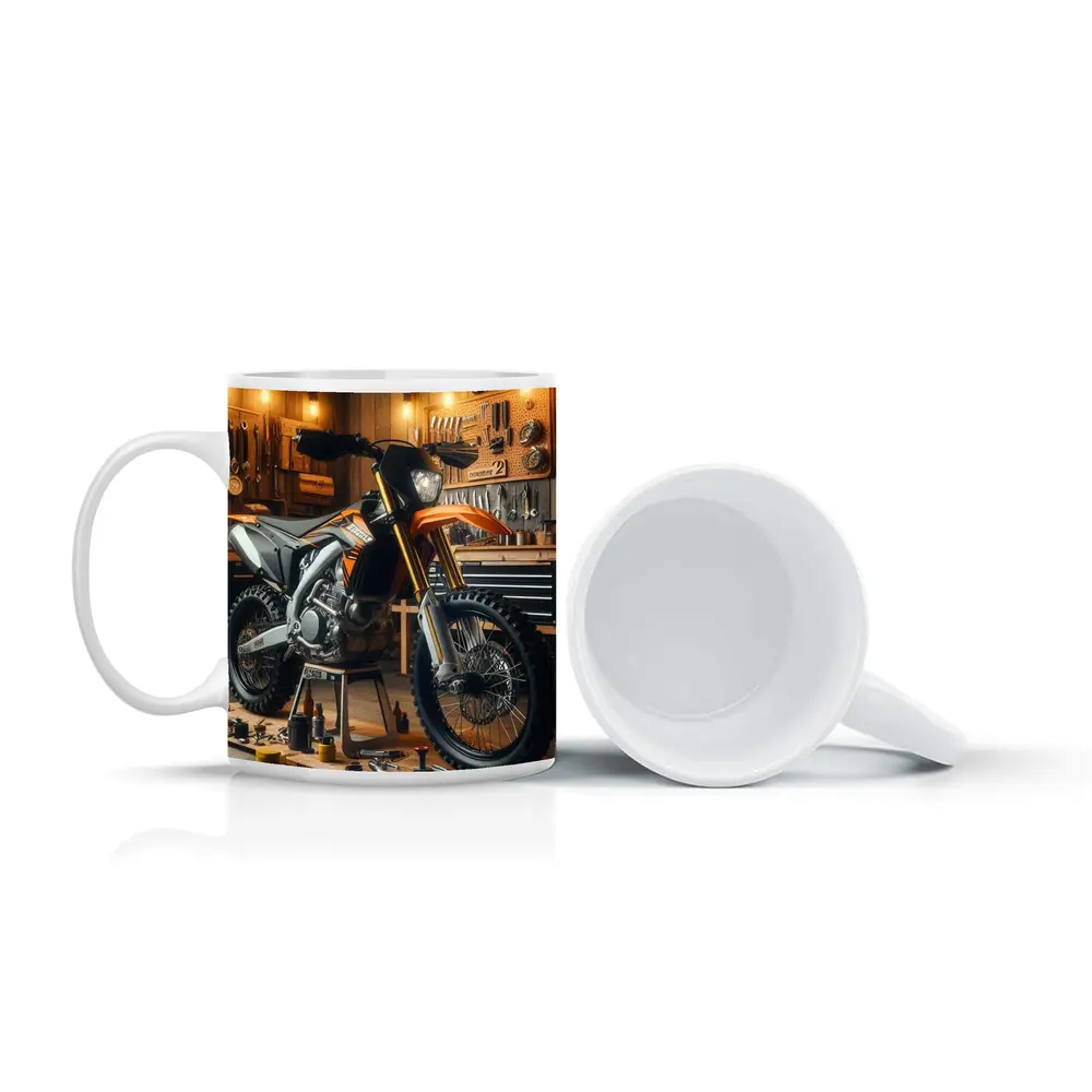 KTM Dirt Bike Orange Workshop Garage Scene – Mugs