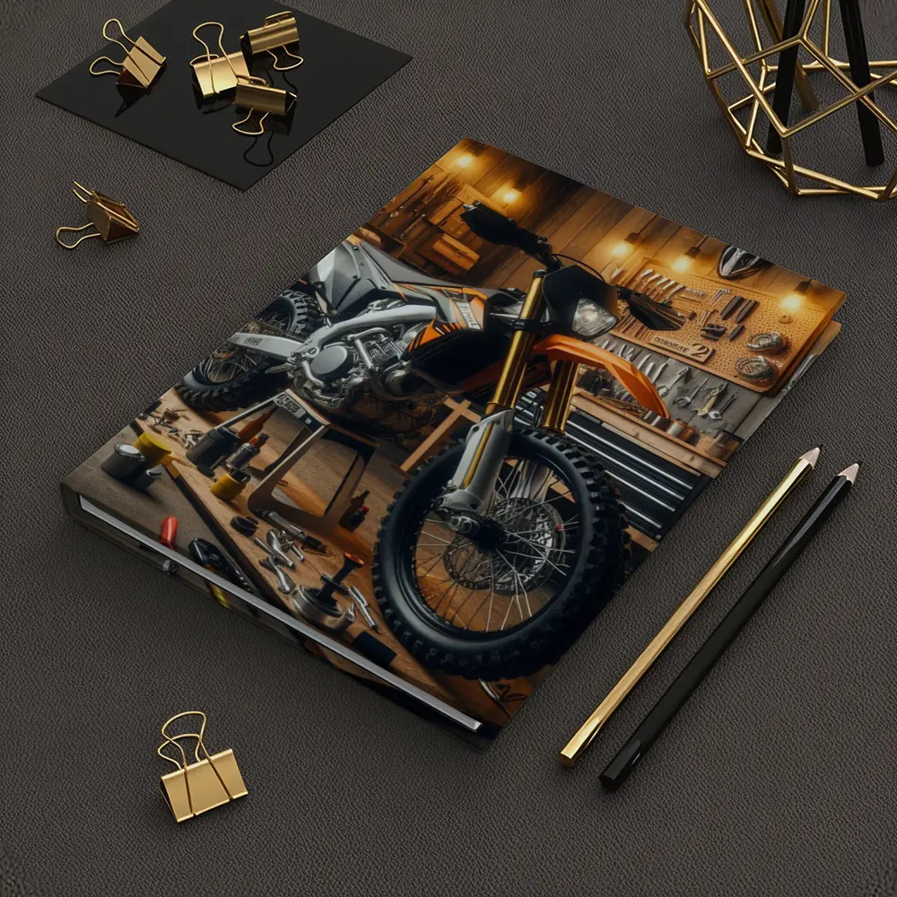 KTM Dirt Bike Orange Workshop Garage Scene – Notebooks