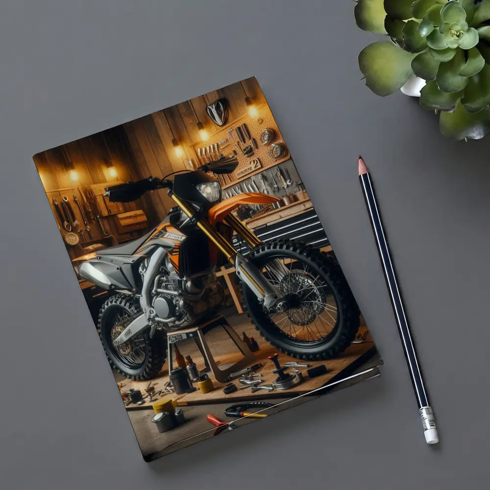 KTM Dirt Bike Orange Workshop Garage Scene – Notebooks