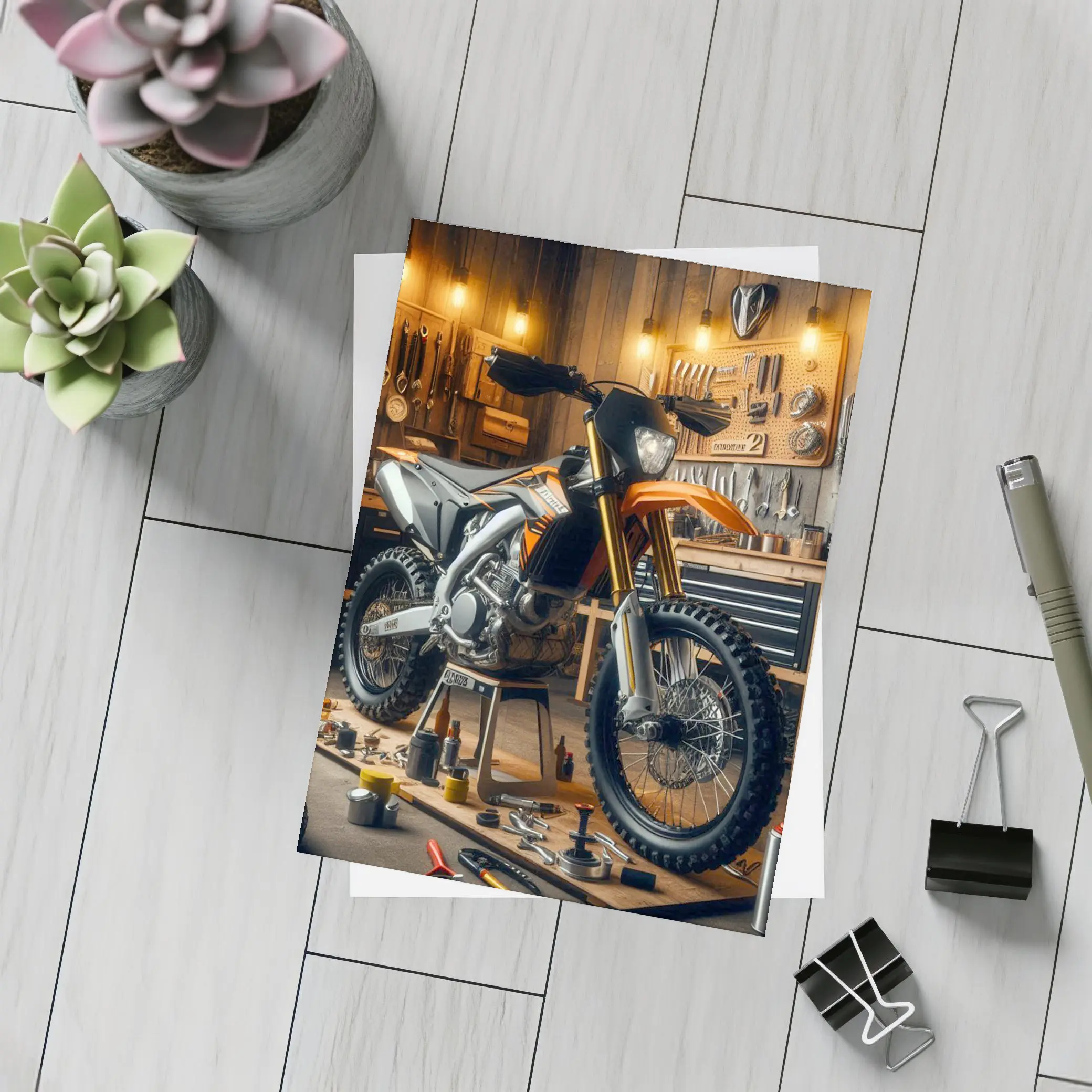 KTM Dirt Bike Orange Workshop Garage Scene – Postcards