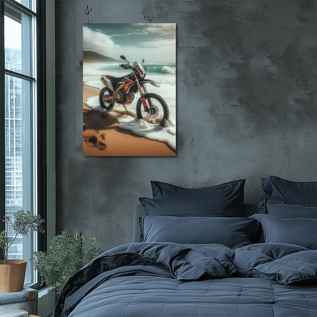 Dirt Bike Parked on Sandy Ocean Beach – Wall Art