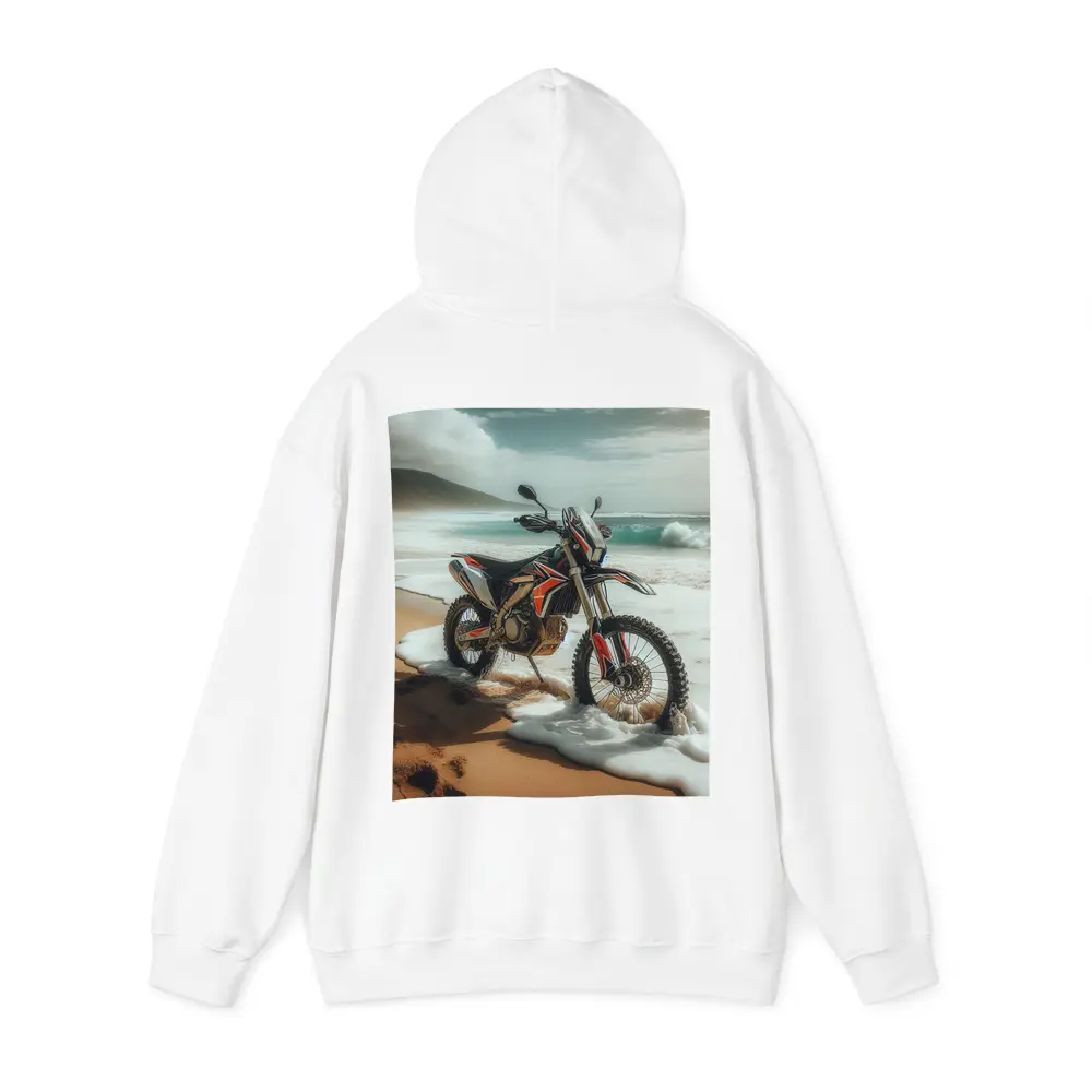 Dirt Bike Parked on Sandy Ocean Beach – Hoodies