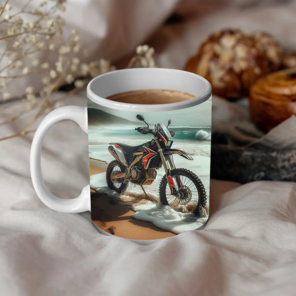 Dirt Bike Parked on Sandy Ocean Beach – Mugs
