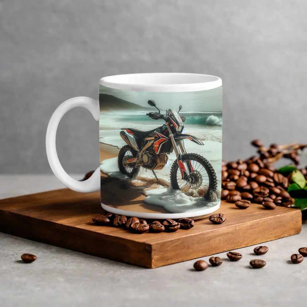Dirt Bike Parked on Sandy Ocean Beach – Mugs
