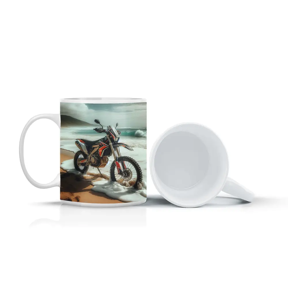 Dirt Bike Parked on Sandy Ocean Beach – Mugs