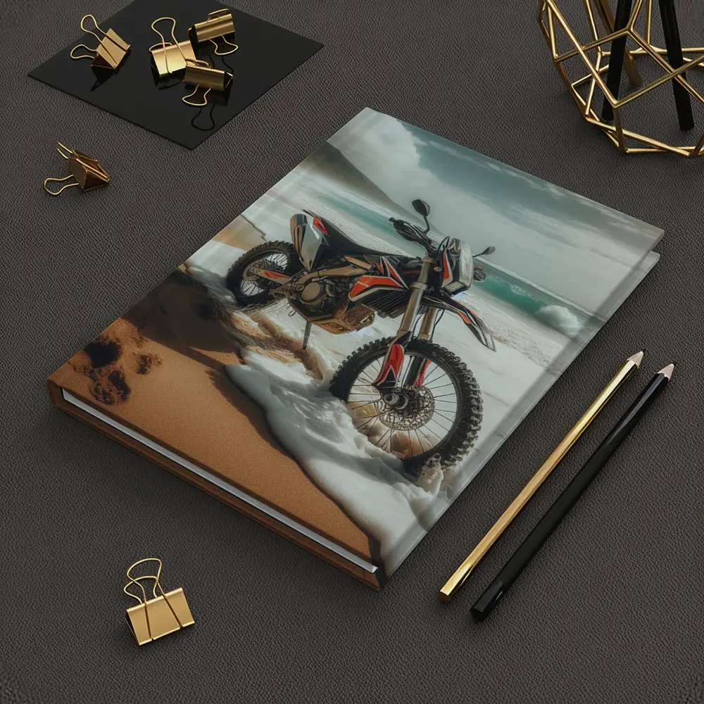 Dirt Bike Parked on Sandy Ocean Beach – Notebooks