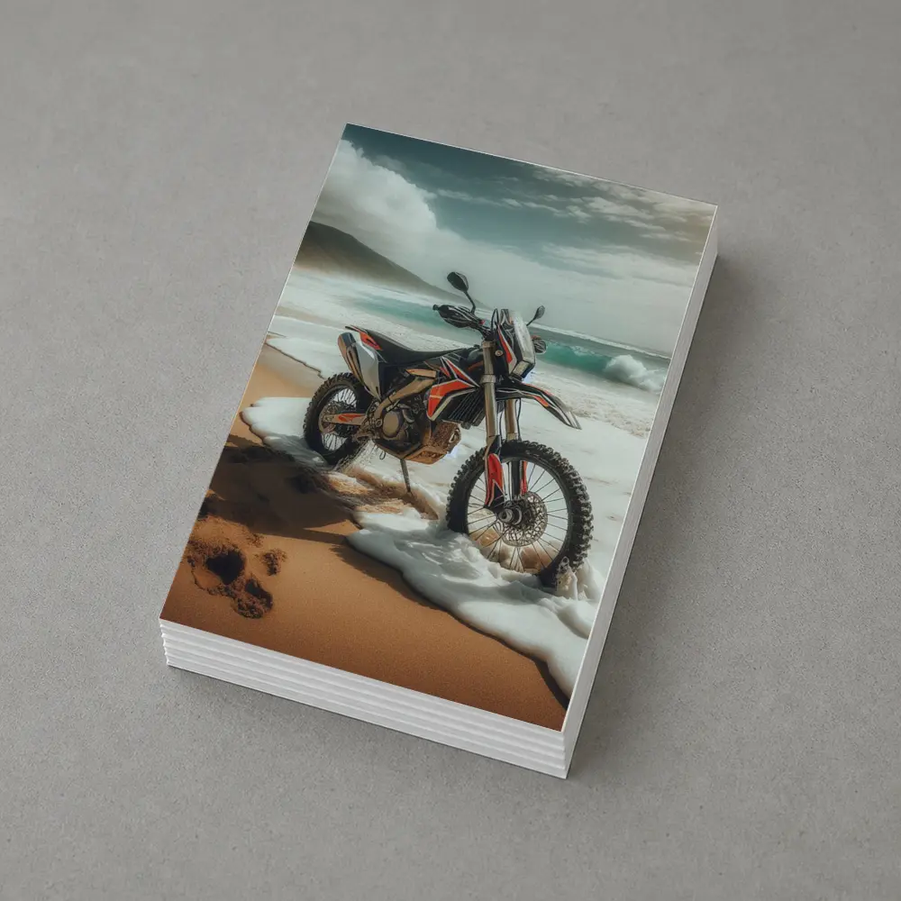 Dirt Bike Parked on Sandy Ocean Beach – Postcards