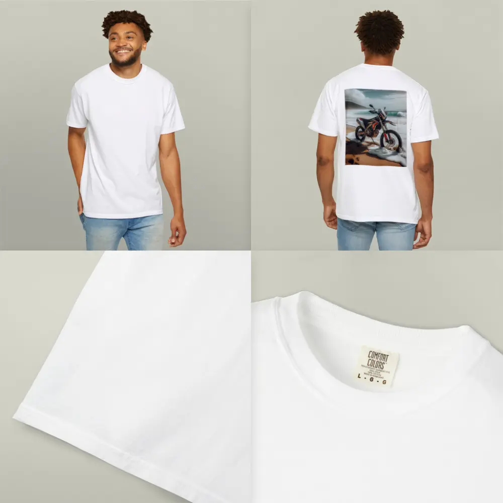 Dirt Bike Parked on Sandy Ocean Beach – T-Shirts