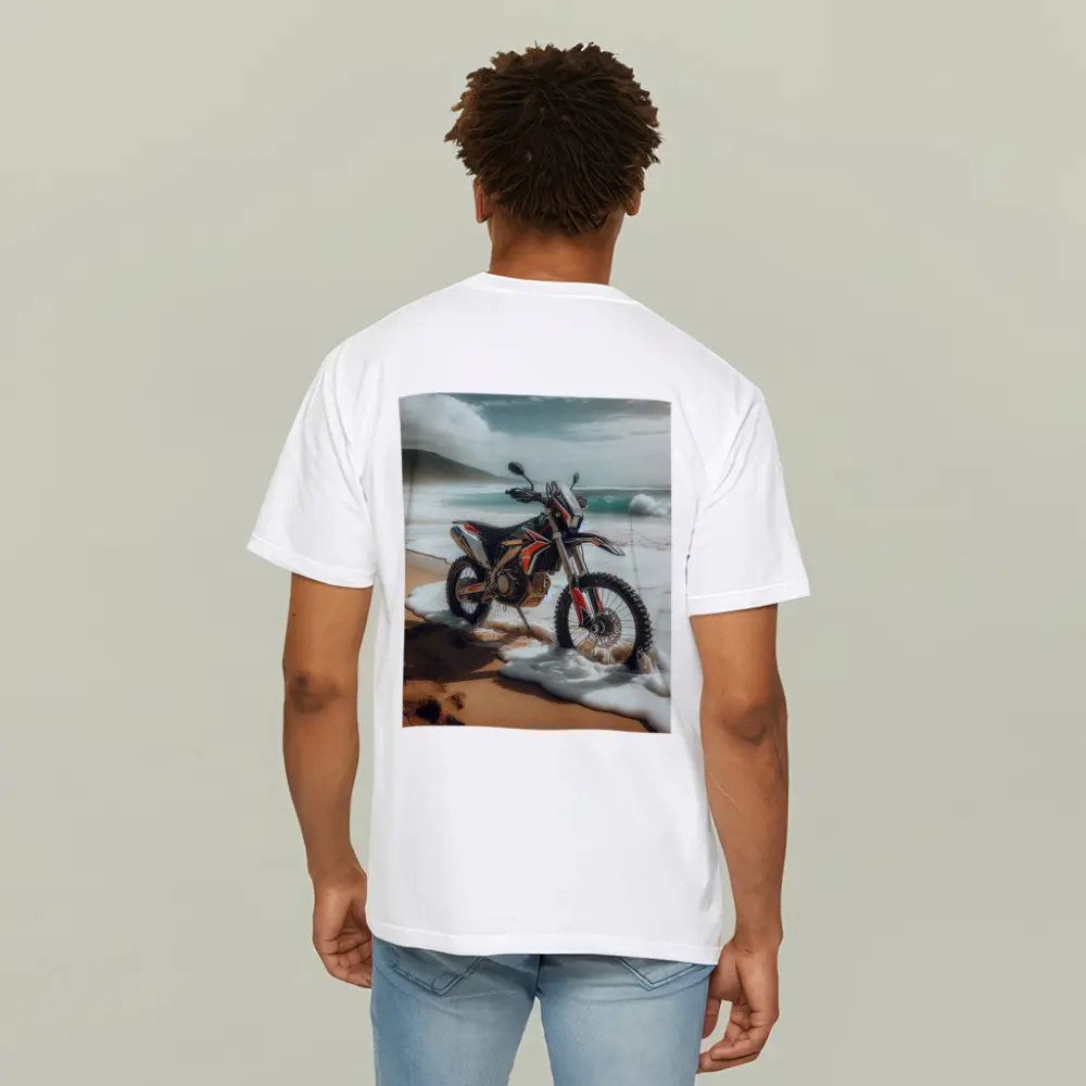 Dirt Bike Parked on Sandy Ocean Beach – T-Shirts