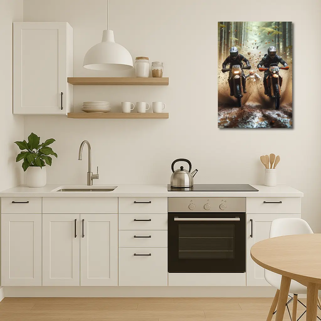 Motocross Dirt Bikes Racing Through Forest – Wall Art