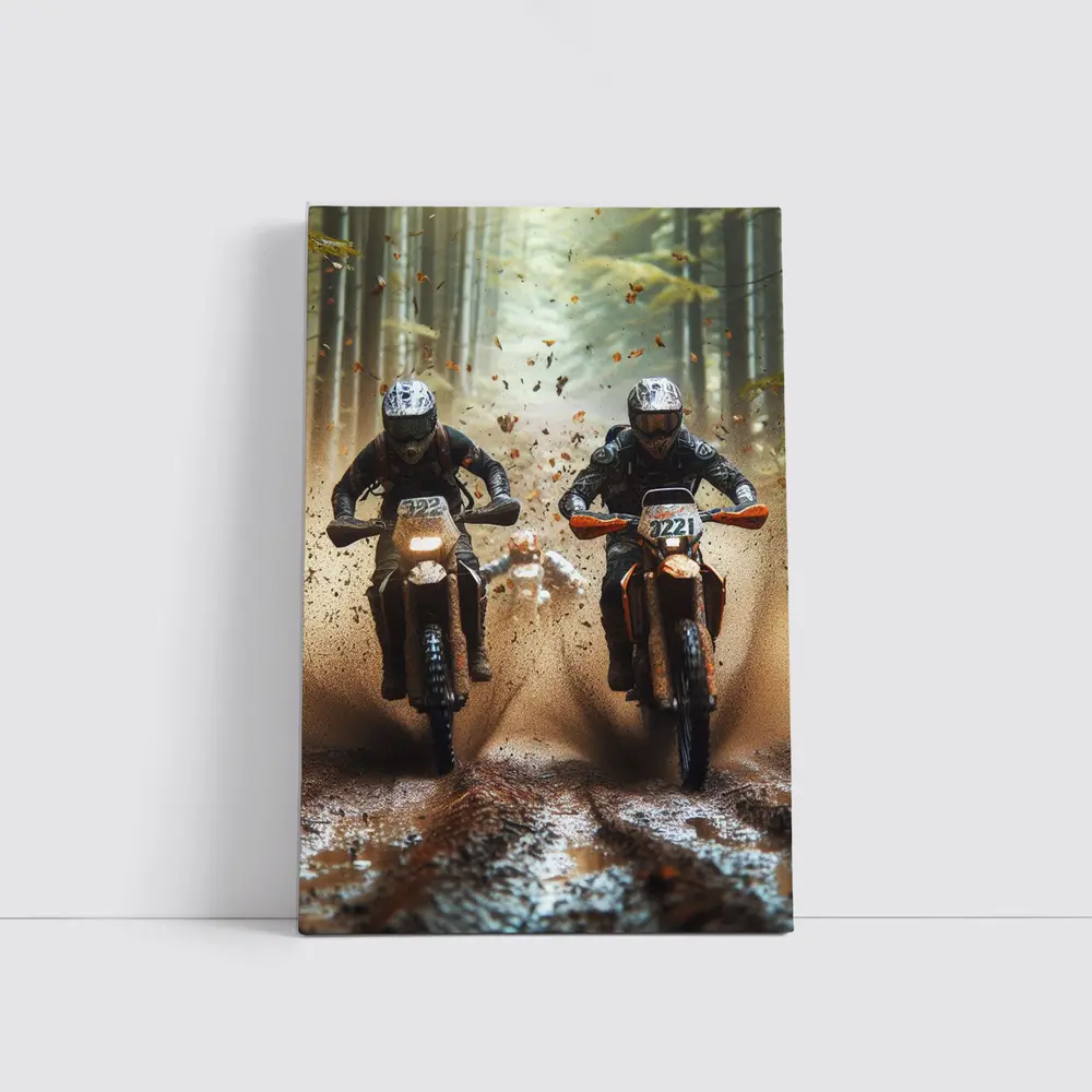 Motocross Dirt Bikes Racing Through Forest – Wall Art