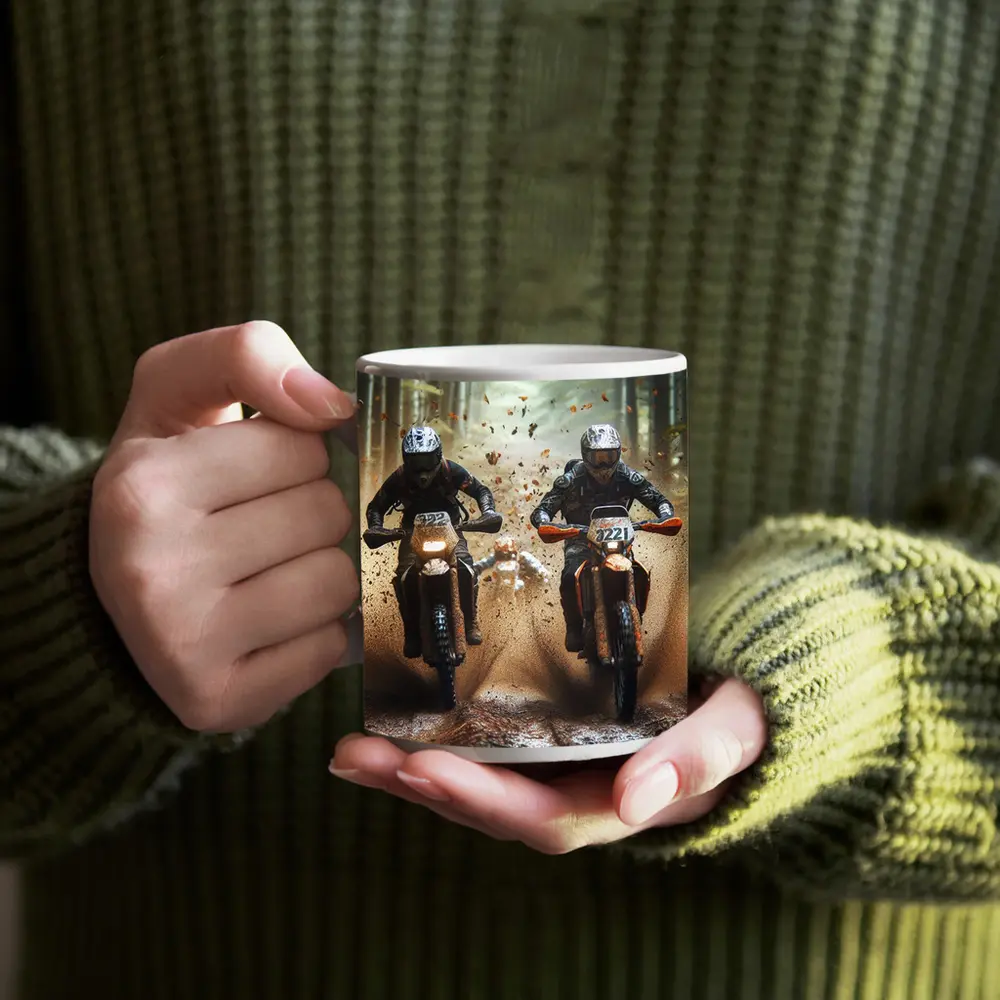 Motocross Dirt Bikes Racing Through Forest – Mugs