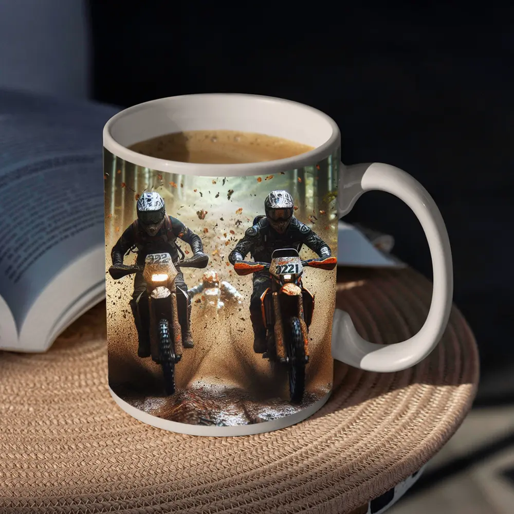 Motocross Dirt Bikes Racing Through Forest – Mugs
