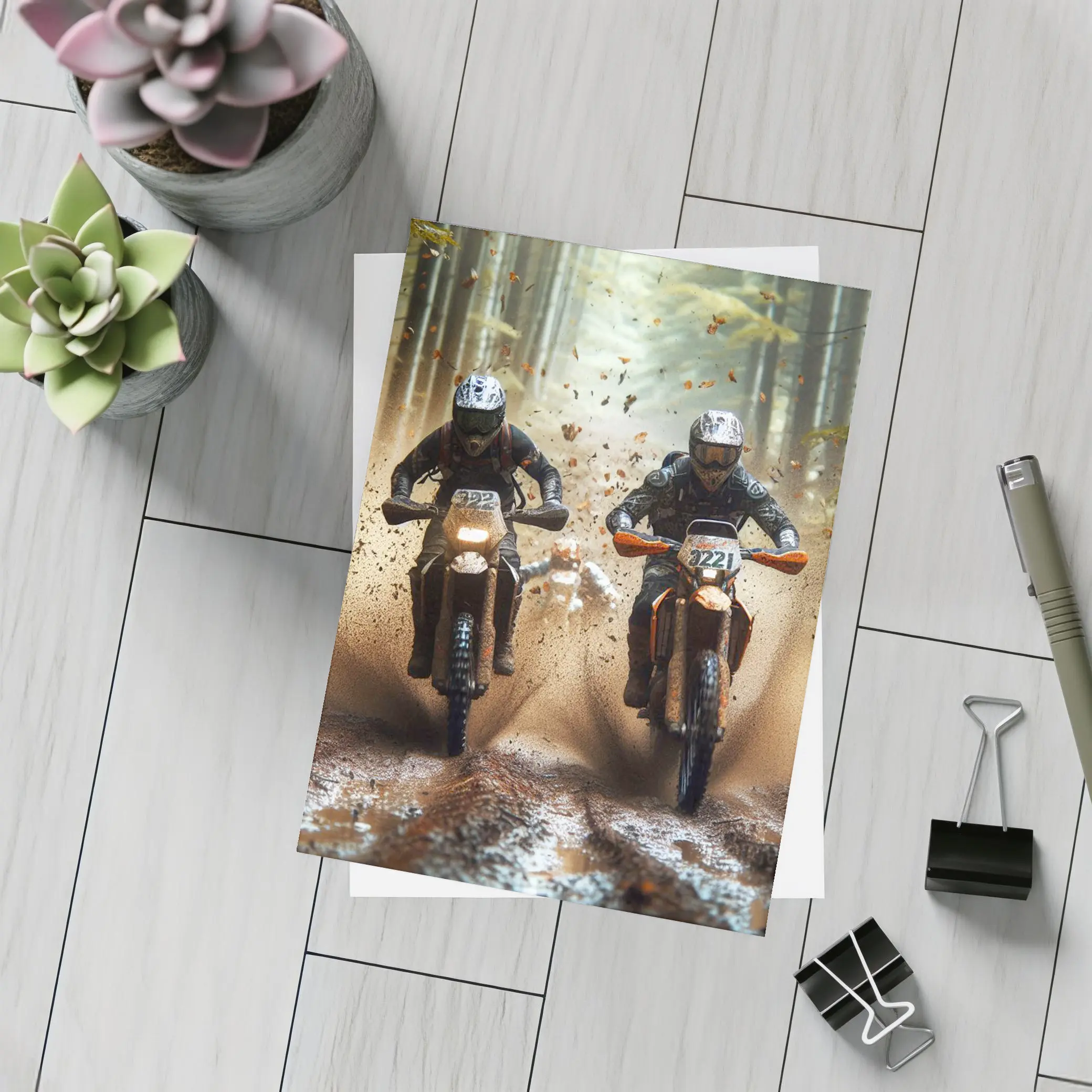 Motocross Dirt Bikes Racing Through Forest – Postcards