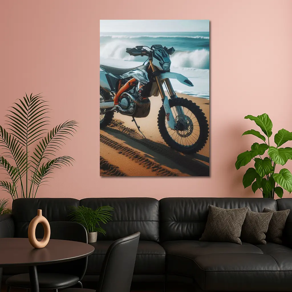 KTM Dirt Bike Parked on Sandy Beach – Wall Art