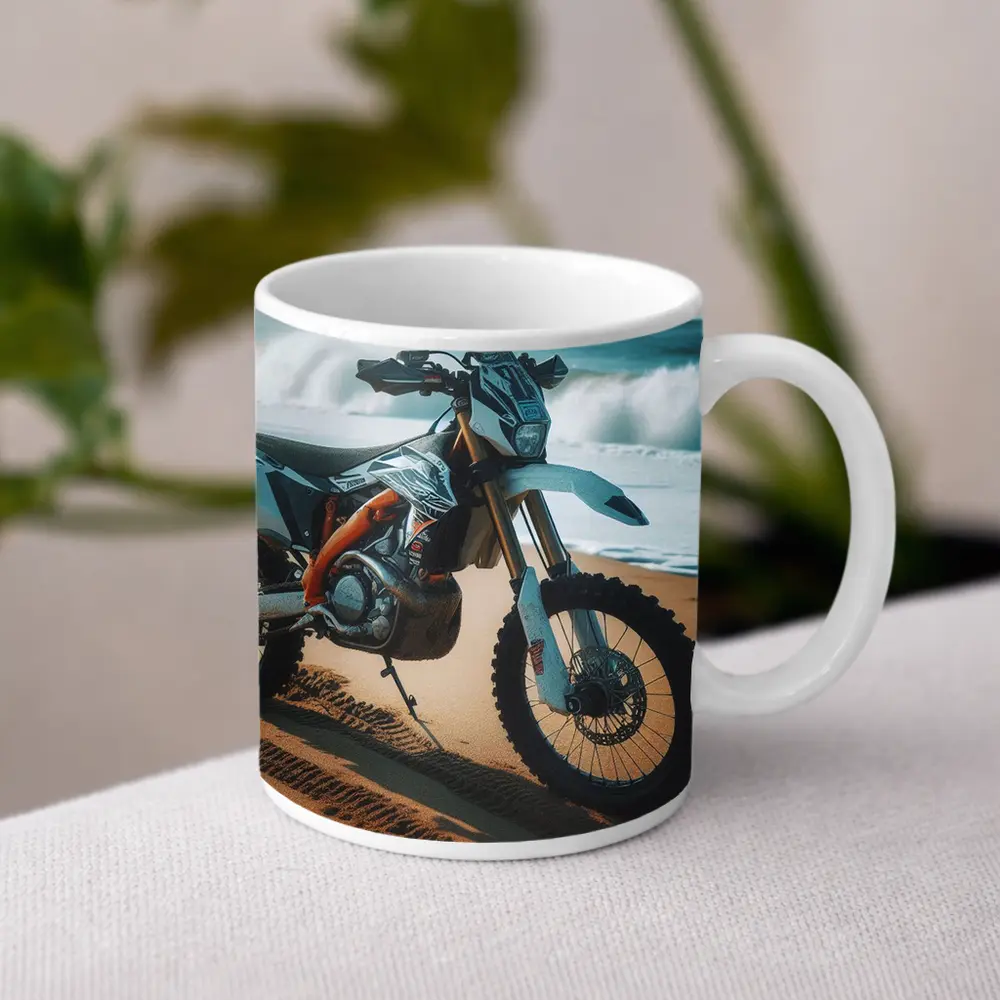 KTM Dirt Bike Parked on Sandy Beach – Mugs