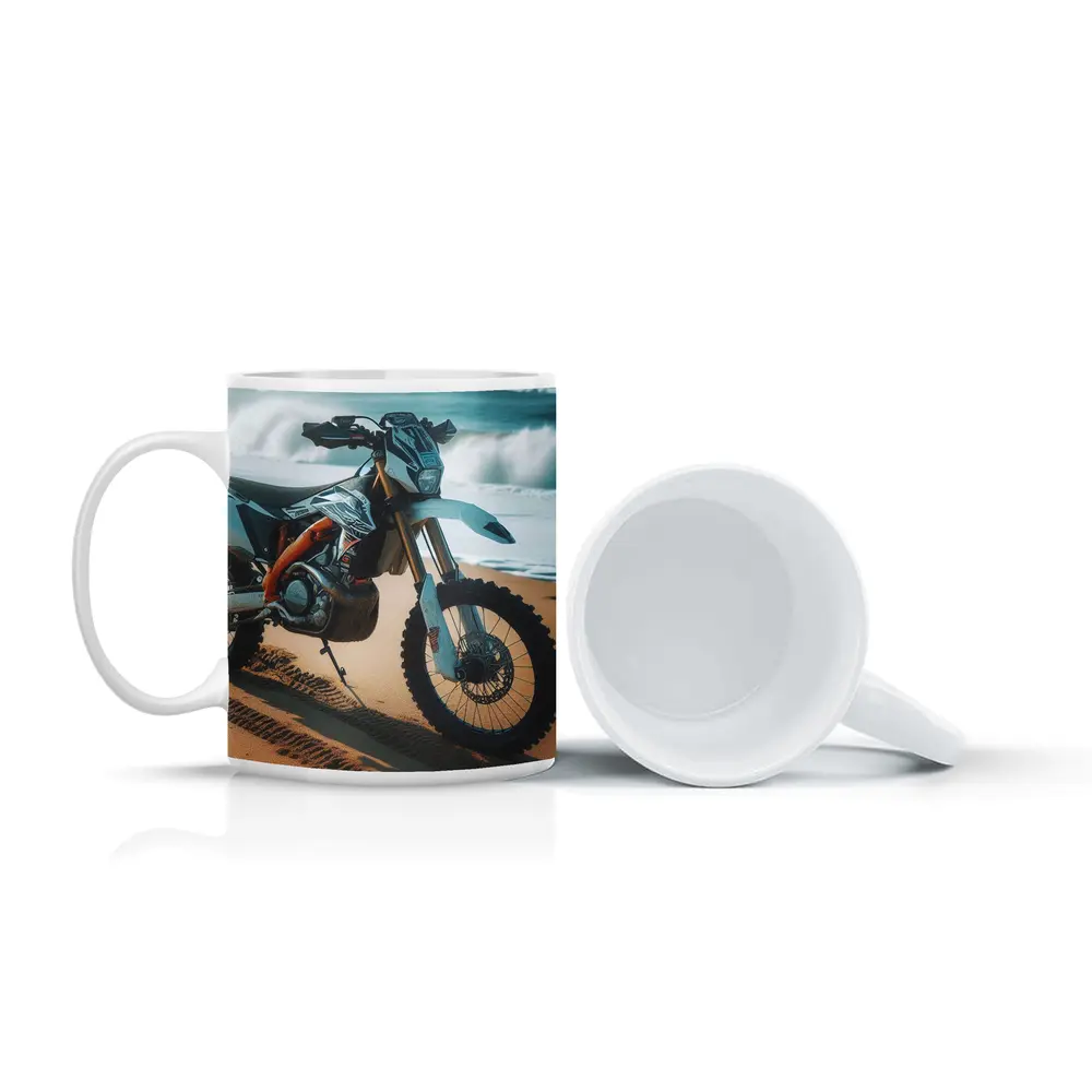 KTM Dirt Bike Parked on Sandy Beach – Mugs