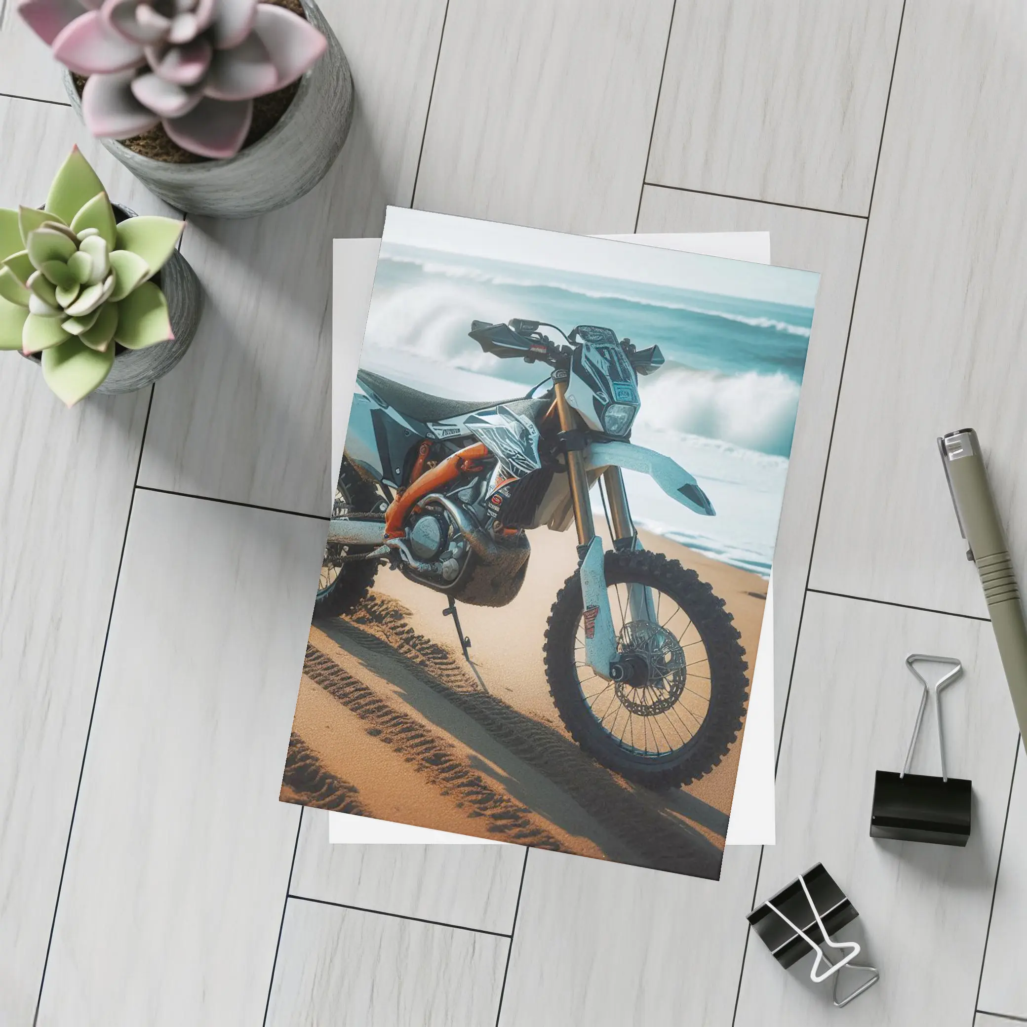 KTM Dirt Bike Parked on Sandy Beach – Postcards