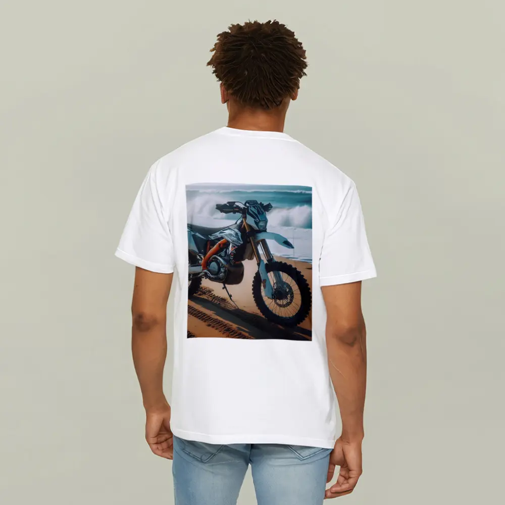 KTM Dirt Bike Parked on Sandy Beach – T-Shirts
