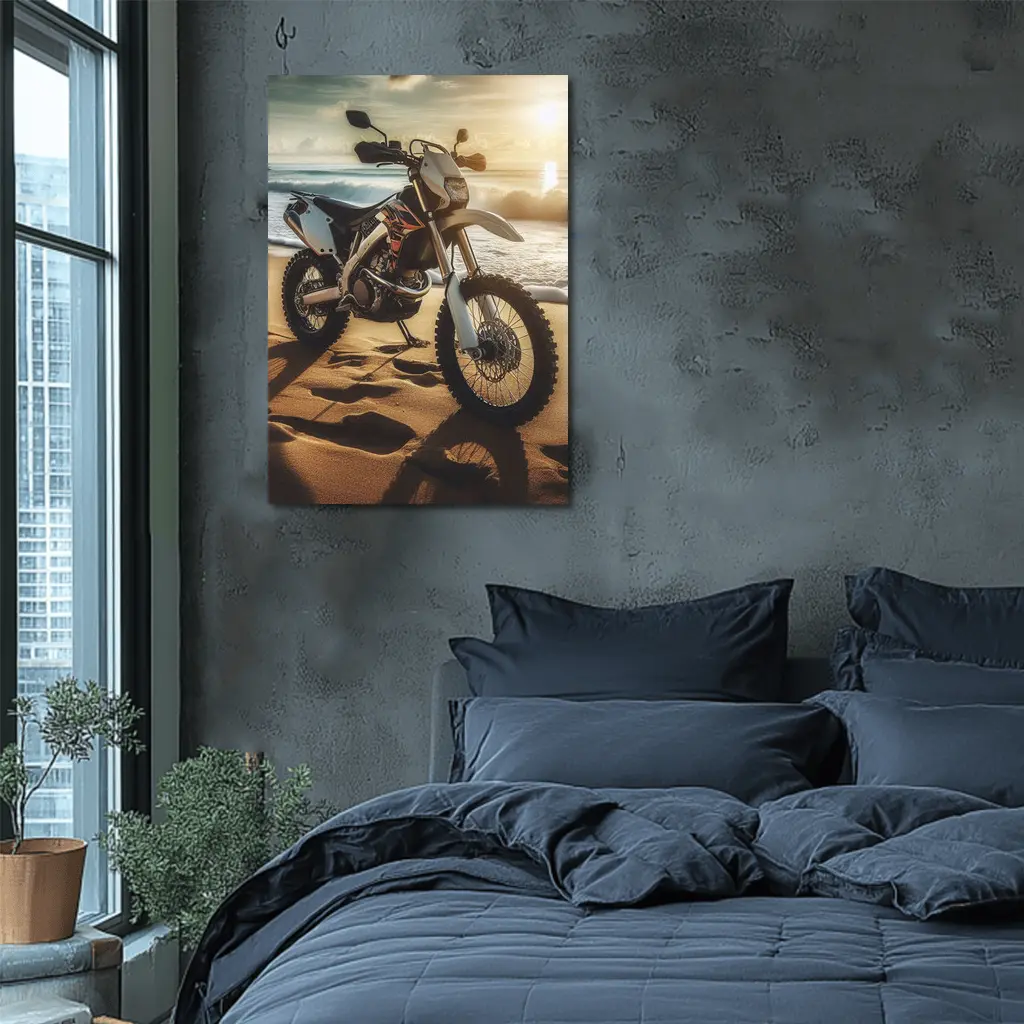 Dirt Bike Parked On Sunny Beach – Wall Art