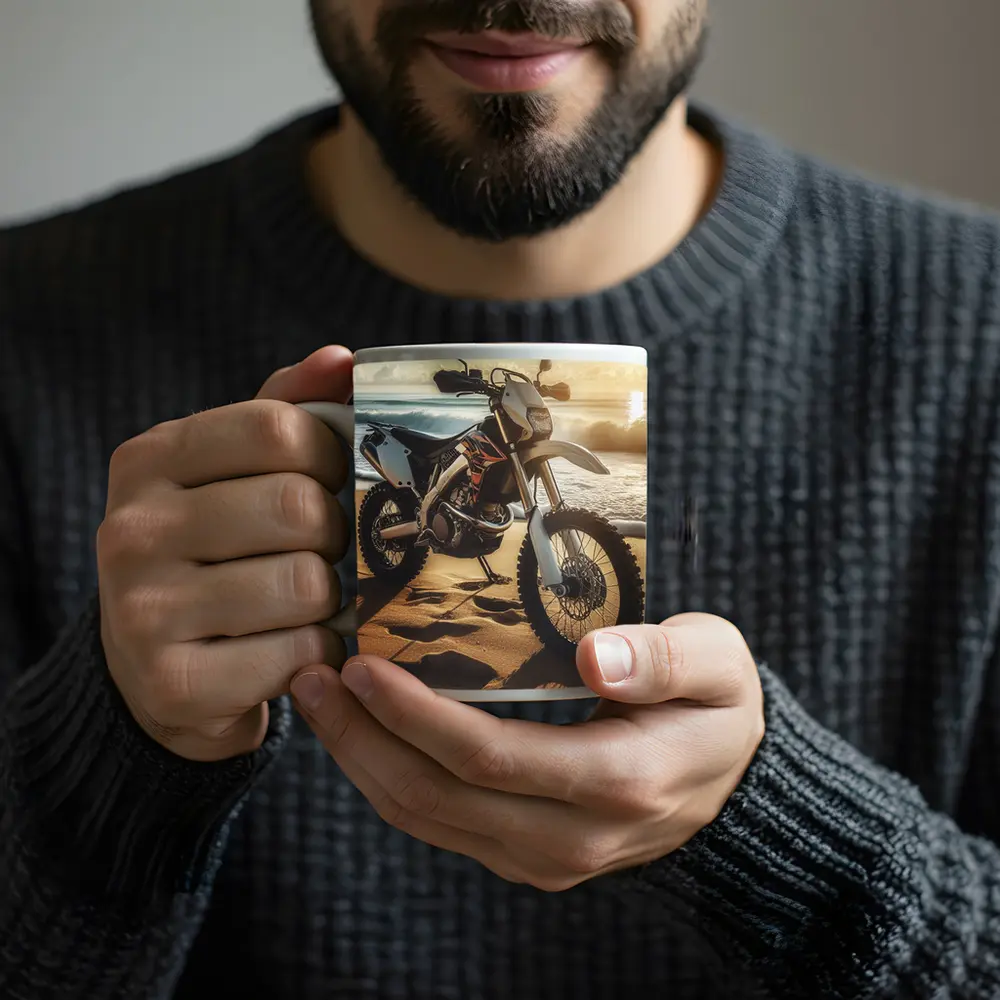 Dirt Bike Parked On Sunny Beach – Mugs