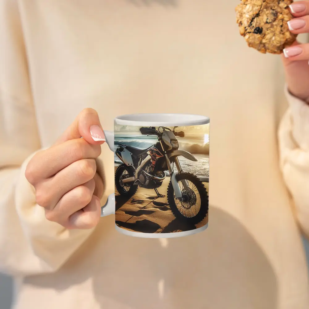 Dirt Bike Parked On Sunny Beach – Mugs