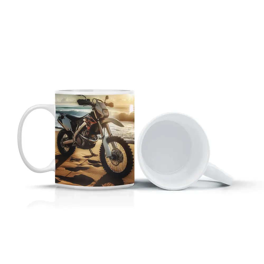 Dirt Bike Parked On Sunny Beach – Mugs