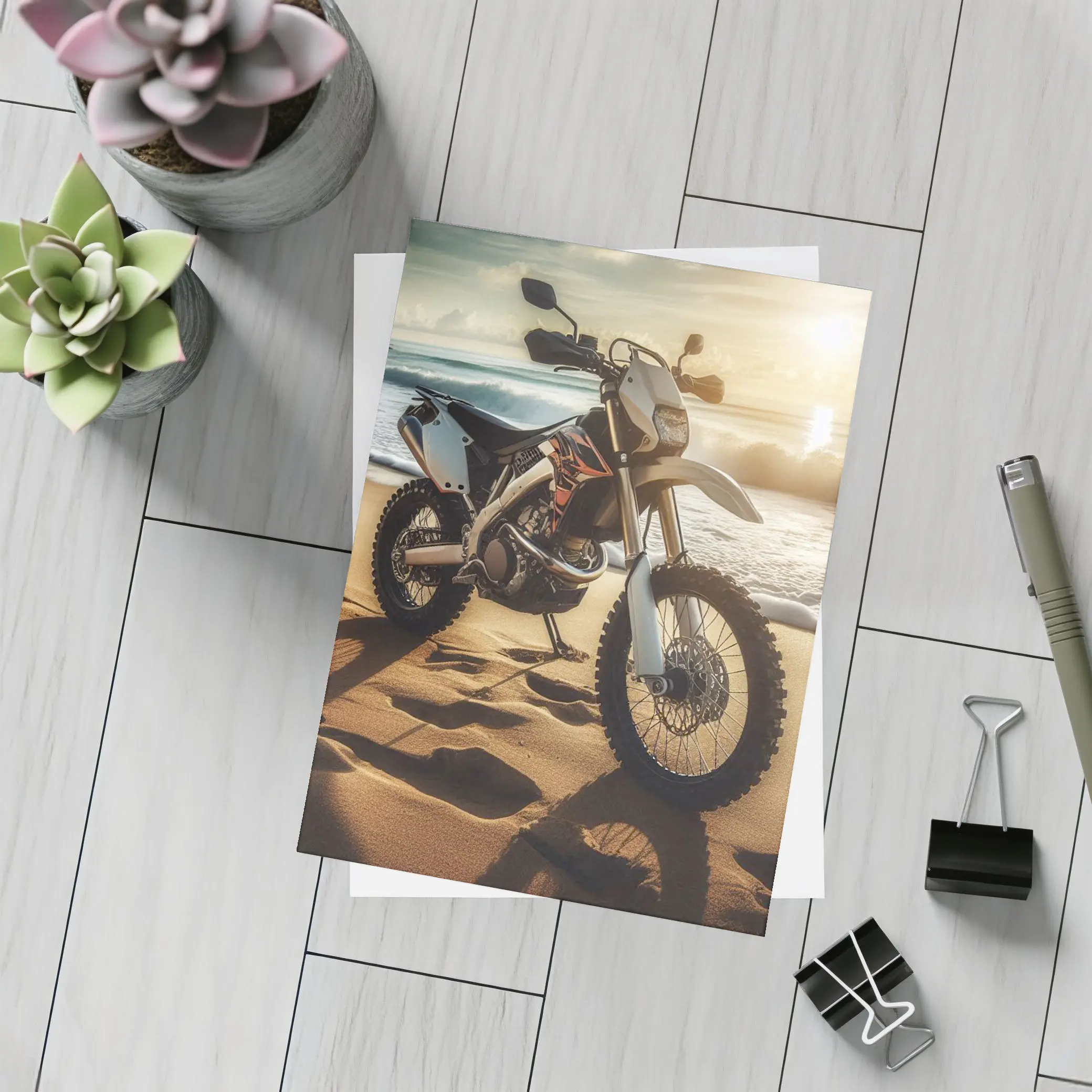 Dirt Bike Parked On Sunny Beach – Postcards