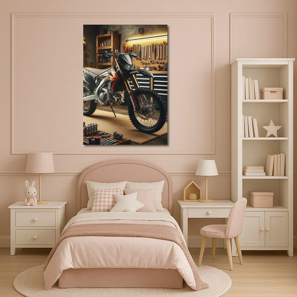 Dirt Bike Parked Inside Workshop Garage – Wall Art