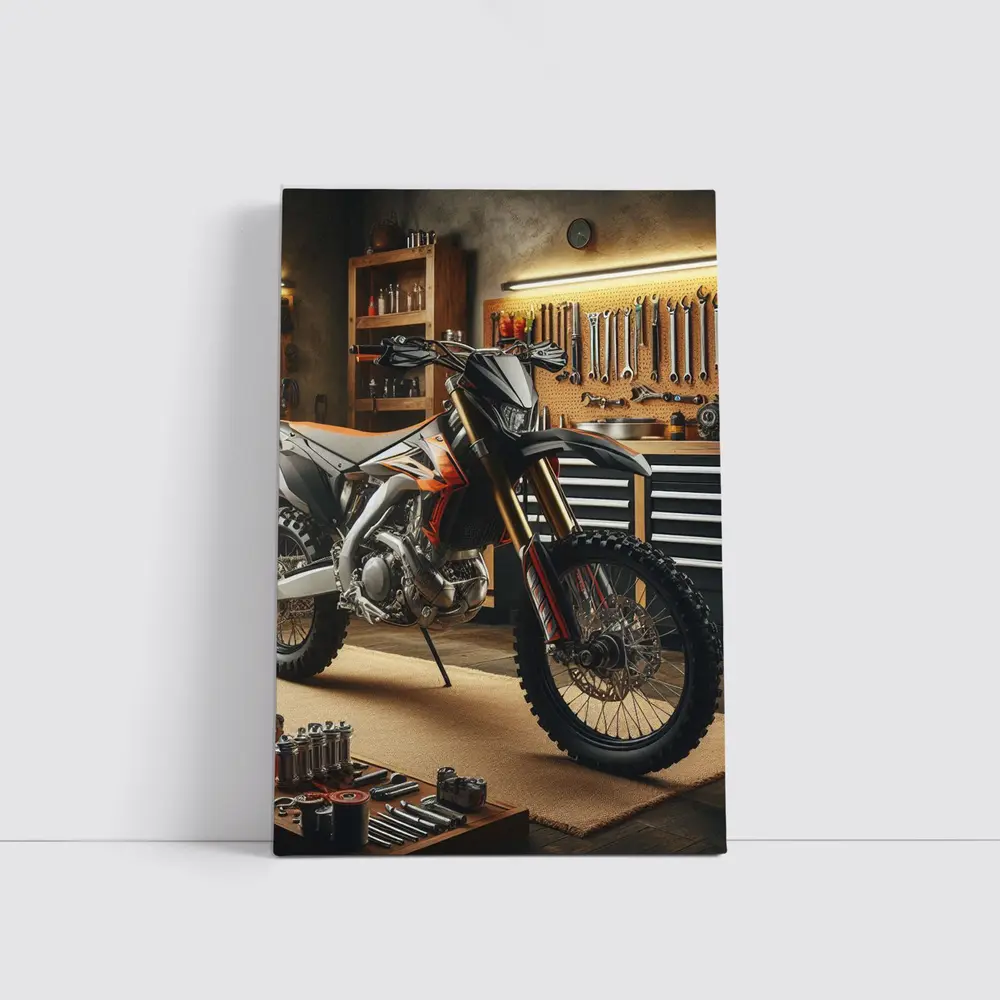 Dirt Bike Parked Inside Workshop Garage – Wall Art