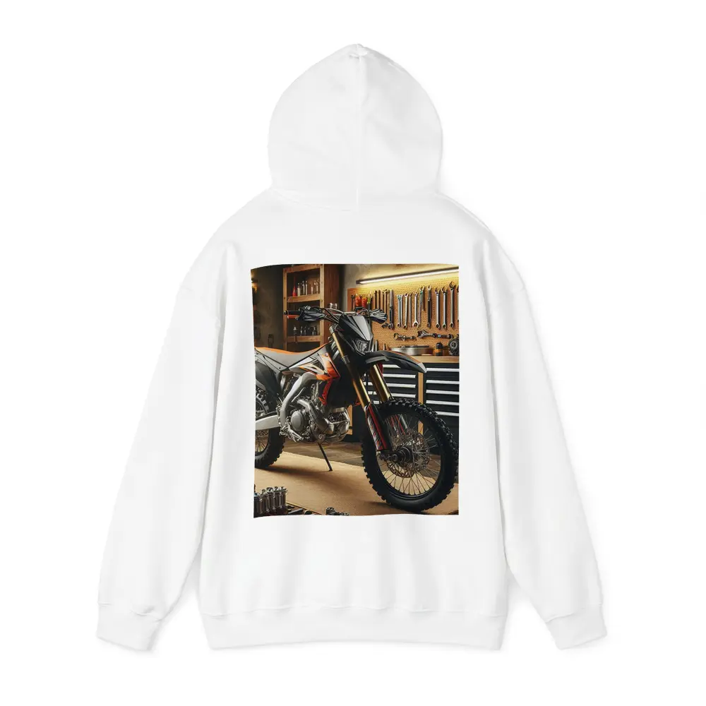 Dirt Bike Parked Inside Workshop Garage – Hoodies