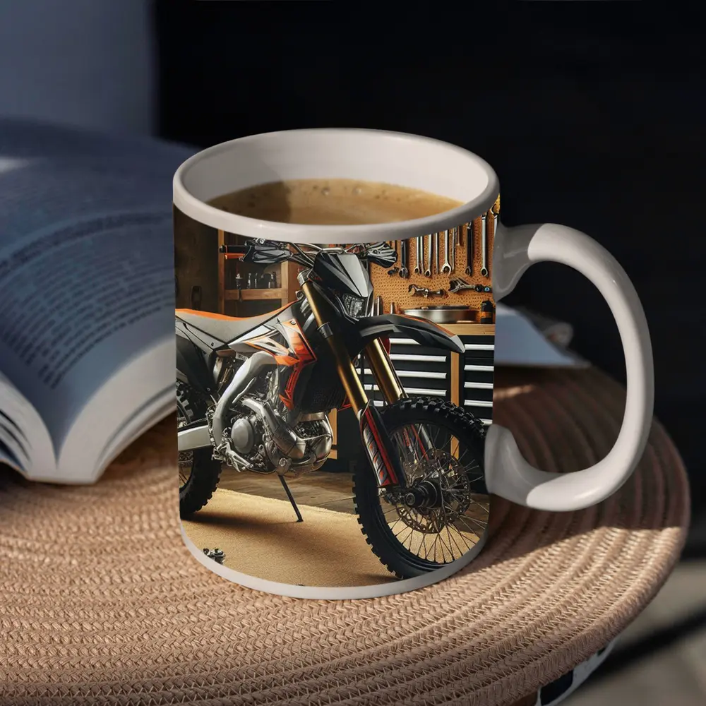 Dirt Bike Parked Inside Workshop Garage – Mugs