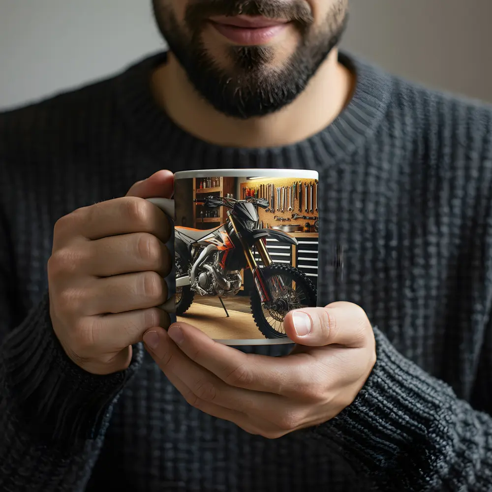 Dirt Bike Parked Inside Workshop Garage – Mugs