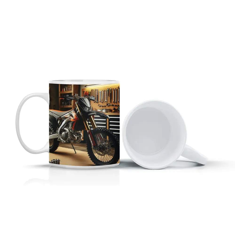 Dirt Bike Parked Inside Workshop Garage – Mugs