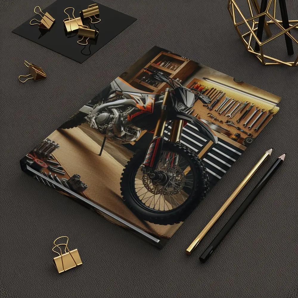 Dirt Bike Parked Inside Workshop Garage – Notebooks