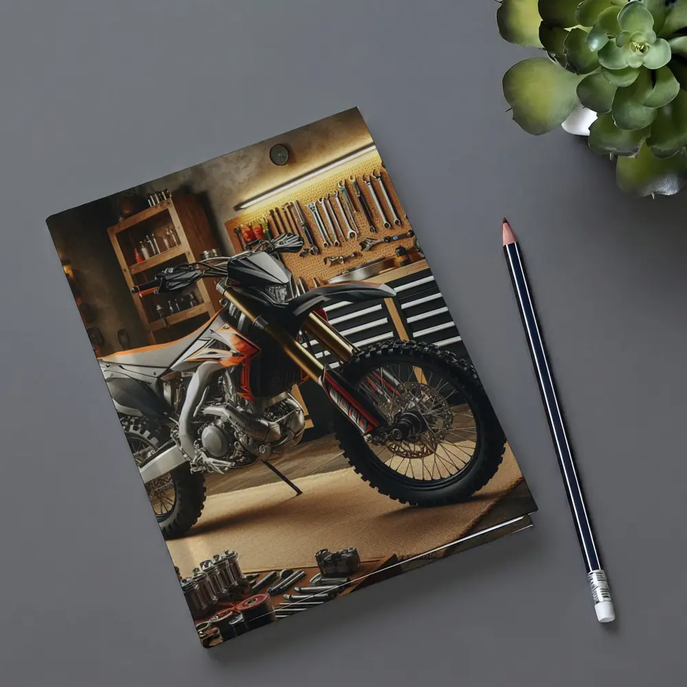Dirt Bike Parked Inside Workshop Garage – Notebooks